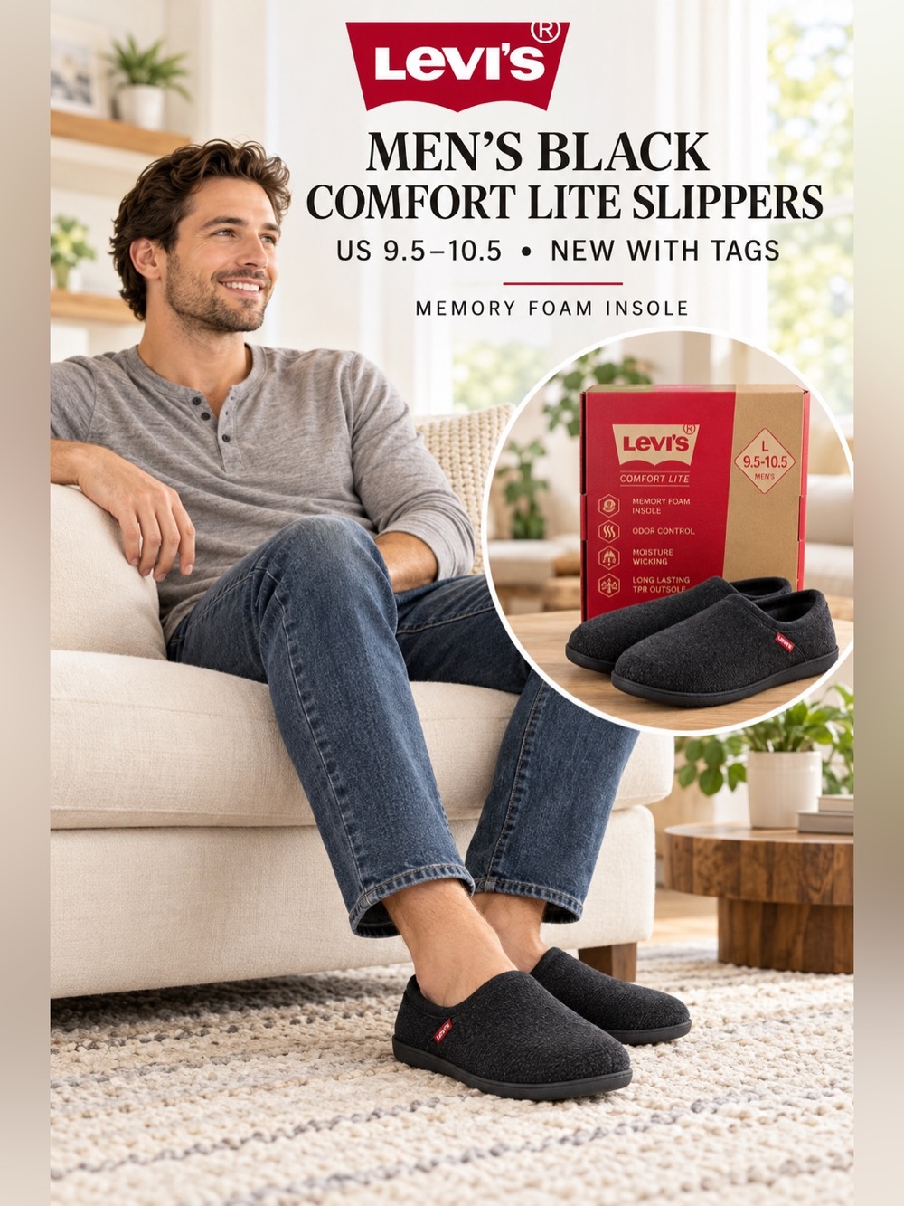 Levi's Comfort Lite Men's Black Slippers Size US 9.5-10.5 NEW